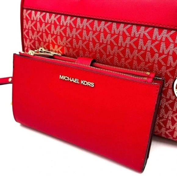 Michael Kors Medium Duffle Satchel Crossbody Bag & Large Double Zip Wallet Red - Picture 11 of 15